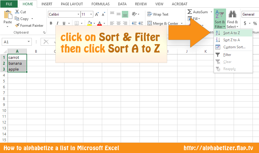 Alphabetize in Excel - Click Sort & Filter