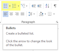 bullet menu item in MS word